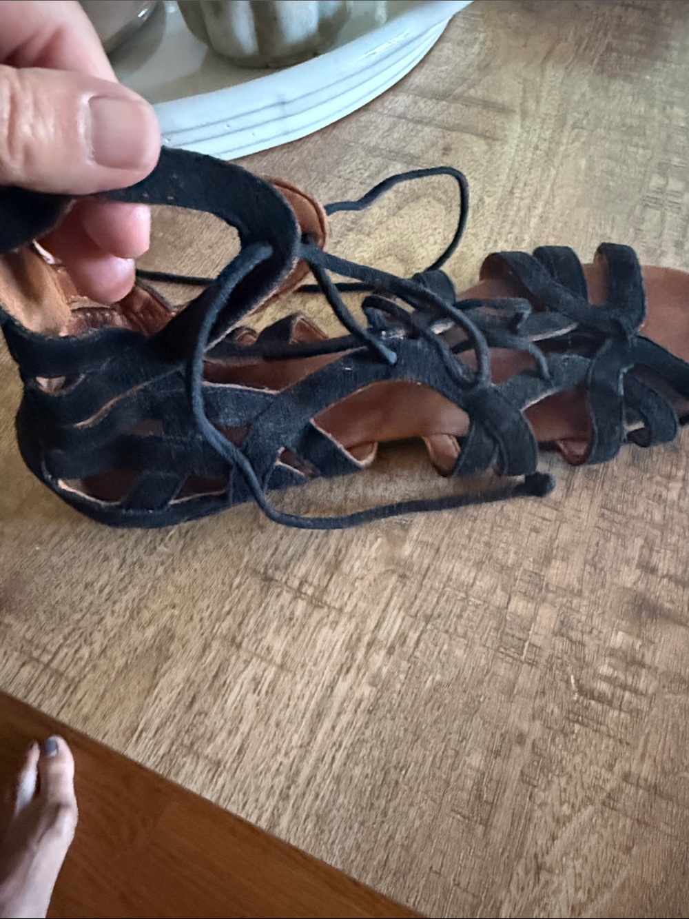 gentle souls Black Suede Lace-Up Gladiator Sandals with Brown Insole